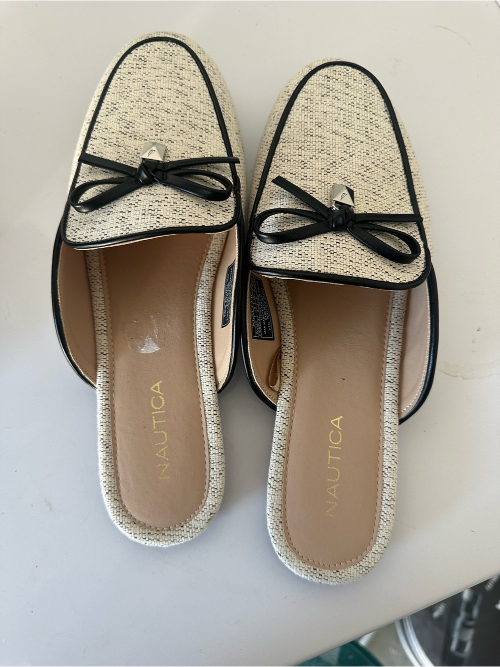 Nautica Cream Woven Slip-On Mules with Black Trim